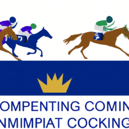 description: an image of a horse racing track with jockeys and horses racing towards the finish line, with the commonwealth logo in the corner.