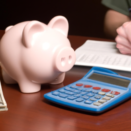 a person sitting at a desk, using a calculator, with a stack of money and a piggy bank in the background.