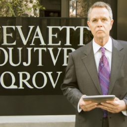 a man in a suit and tie, standing in front of a sign that reads "providence equity partners." he has a serious expression on his face and is holding a tablet in his hand.