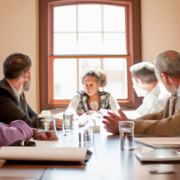 description: a group of diverse individuals sitting around a conference table, discussing investments and sustainable business practices.