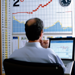 description: an anonymous investor sitting at a desk with a laptop and charts on the wall behind them. they appear to be deep in thought, analyzing investment opportunities.
