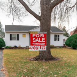 description: a photo of a residential property with a “for sale” sign in the front yard. the house has a white exterior with a red roof and a large tree in the front yard. the sign is yellow and has black lettering.