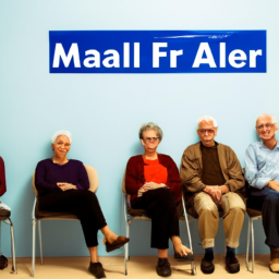 a group of elderly people sitting in a doctor's office waiting room, with a banner on the wall behind them that reads "medicare for all." the people appear content and relaxed, suggesting that they are receiving quality healthcare through the medicare program.
