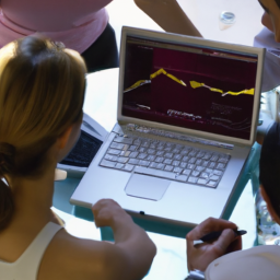 description: a group of individuals gathered around a laptop, with a chart on the screen. they appear to be discussing investments and financial planning. the image is anonymous and does not include any actual names.