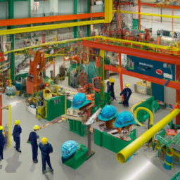 description: an aerial view of a modern manufacturing plant with workers wearing safety gear and operating machinery.