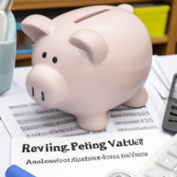 description: an image of a person holding a piggy bank with the words "retirement savings" on it, with a calculator and documents in the background.