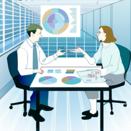 description: an illustration of two business people discussing financial charts and graphs in an office setting.