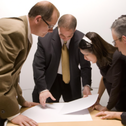 A group of people in business suits standing around a table discussing a piece of paper.