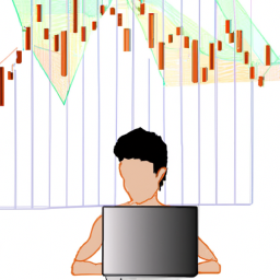 Description: A person in front of a laptop and a chart of stock prices