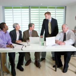 description: an image of a diverse group of real estate investors discussing investment strategies in a modern office setting.