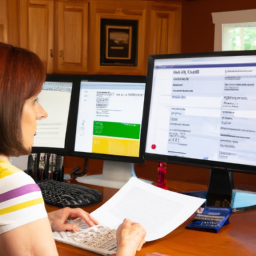 a homeowner sitting at a desk, looking at paperwork and a computer screen while considering their options for accessing home equity.