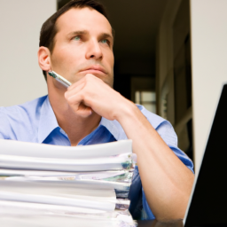 description: a person sitting at a desk with a laptop and a stack of financial documents, looking thoughtful and focused.