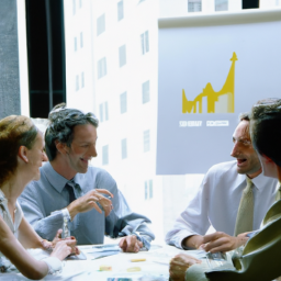 description: a group of people sitting around a table, discussing financial planning and investment strategies. they appear to be engaged in a lively and productive conversation, with charts and graphs visible in the background.