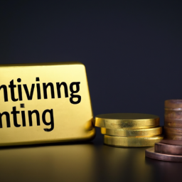 description: an image of a gold bar and coins on a dark background with the words "investing in gold" in bold letters. no actual names or logos are present.