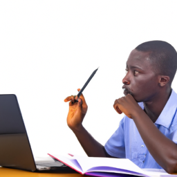 a person sitting at a desk with a laptop and papers, looking thoughtful and focused.