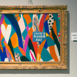 description: an anonymous image of a painting hanging on a wall with a tag indicating its value. the painting is bright and colorful, with abstract shapes and patterns. the tag indicates that the painting is valued at $1 million.