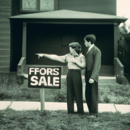 description: an anonymous image of a couple standing in front of a real estate property with a "for sale" sign. they appear to be discussing the property, with one pointing to a feature of the property while the other listens attentively.