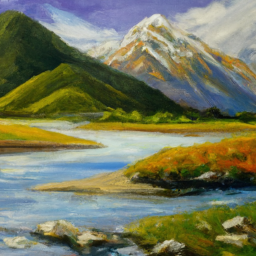 description: a painting of a beautiful landscape with a mountain range in the background and a river flowing through the foreground. the colors are vibrant and the brushstrokes are visible, giving the painting a sense of texture and depth.
