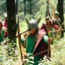 description: a masked figure with a bow and arrow, surrounded by a group of people dressed in green, standing against a backdrop of a lush forest.