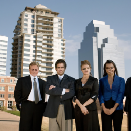 Description: A group of people in business attire standing in front of an apartment building with a Fort Worth skyline in the background.