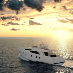 Description: A luxurious white yacht sailing in the ocean with the sun setting in the background.