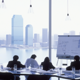 description: a group of people in a conference room, discussing investment strategies and looking at charts and graphs on a screen. the room is brightly lit, with modern furniture and large windows offering a view of the city skyline in the background.