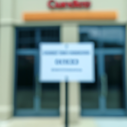 description: an image of a financial institution with a sign that reads "closed due to liquidity concerns." the image is blurred to maintain anonymity.