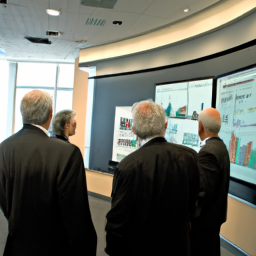 description: an anonymous image featuring a group of financial professionals discussing investment strategies in a modern office setting.