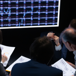 the image shows a diverse group of people discussing investment strategies while analyzing charts and graphs on a digital screen.