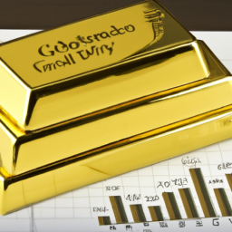 description: A stack of gold bars and a chart showing the rising gold prices over time