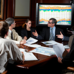 description: a group of investors are gathered around a table, looking at a computer screen and discussing market trends. they appear to be in a boardroom or conference room. the image is anonymous, without any identifying names or logos.