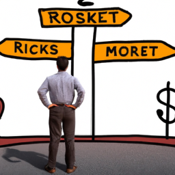description: the image shows a person standing at a crossroads, with signs pointing towards low-risk investments with modest returns on one side and high-risk investments with the potential for significant returns on the other. the person appears to be deep in thought, contemplating which path to take.