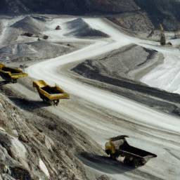 description: an anonymous image of a large lithium mine with industrial equipment and trucks in operation.