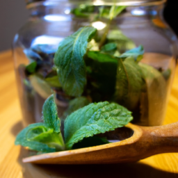 description: a close-up of fresh mint leaves in a glass jar with a wooden spoon next to it.