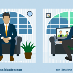 The image is a split-screen comparison of a business owner and an investor. On one side, there is a person in a suit sitting behind a desk with papers and a computer in front of them. On the other side, there is a person in casual clothing sitting on a couch with a laptop on their lap. The image highlights the differences in appearance and lifestyle between the two paths.