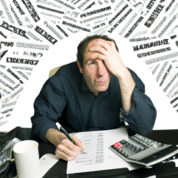 description: an image of a person sitting at a desk, surrounded by papers and a calculator, with a concerned expression on their face. the person is holding a pen and appears to be writing. the image represents the stress and complexity of tax planning and the importance of having a thoughtful tax strategy.