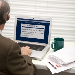 Description: An anonymous image of a person sitting at a desk with a laptop and financial documents, possibly researching IRAs or managing their retirement savings.