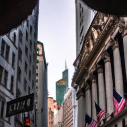 Description: Una foto de la Bolsa de Valores de Nueva York con los edificios de Wall Street de fondo.
