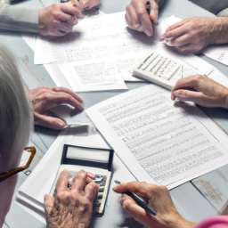 a group of people sitting at a table with papers and calculators, discussing retirement planning.