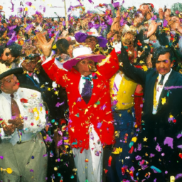 the image shows ramiro restrepo and gustavo delgado sr. celebrating after mage wins the kentucky derby. they are surrounded by a crowd of people, and there is confetti in the air.