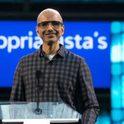 Microsoft CEO Satya Nadella making an announcement about Microsoft's multi-billion dollar investment in OpenAI.
