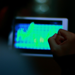 description: an anonymous person holding a tablet with a stock chart on the screen, looking serious and focused. the background is blurred and indistinct, suggesting that the person could be anywhere.