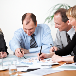 a group of business people sitting around a conference table, discussing financial reports and charts.