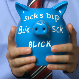 description: an anonymous image of a person holding a piggy bank with the words "blue-chip stocks" written on it.