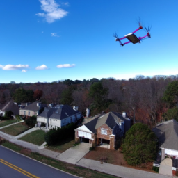Description: A drone hovering over a suburban neighborhood, with a package attached by a tether.