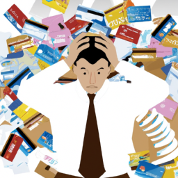 description: a person holding a credit card with a high interest rate while looking stressed and overwhelmed with bills and financial documents scattered around them.