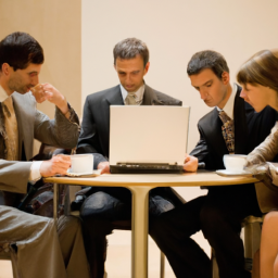 description: a group of people sitting around a table, looking at a laptop and discussing investment strategies.