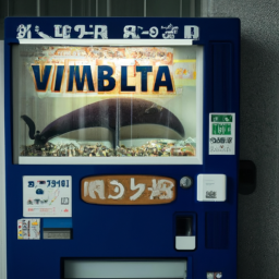 Description: A photo of a vending machine located in Yokohama, Japan, with a sign that reads "Whale Meat."