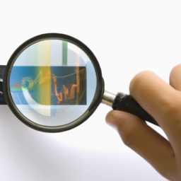 Description: An image of a person looking at a stock market chart with a magnifying glass.
