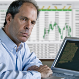 an investor sitting at a desk with a laptop, looking at stock charts and financial data. the image is focused on the investor's face, with the laptop and charts blurred in the background.